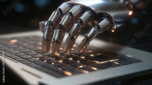 Digital interface: A cybernetic hand interacts with a laptop, highlighting the fusion of technology and the digital world.