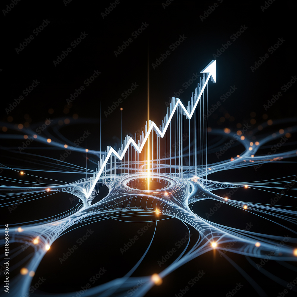 Naklejka premium Abstract illustration of an upward trending chart on a neural network background signifying growth and success in technology and finance