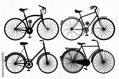 A collection of 4 different vintage bicycles, including penny farthing, mountain bike, tandem, and road racer silhouettes, black vector on white background