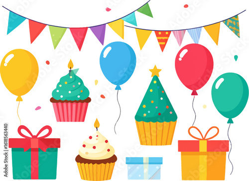 Birthday decorations with balloons, gifts, and cake. Party essentials: balloons, cupcakes, and gifts. Celebration scene with balloons, cake, and presents. Birthday party items: cake, balloons, gifts