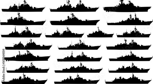 Warship navy silhouettes set, large pack of vector silhouette design, isolated white background.	