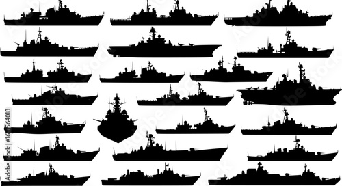 Warship navy silhouettes set, large pack of vector silhouette design, isolated white background.	