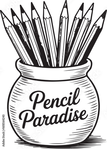Many sharpened pencils in a sketched pot drawing sketching