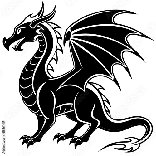 Vector art of a formidable dragon with outstretched wings stands guard in this striking vector illustration