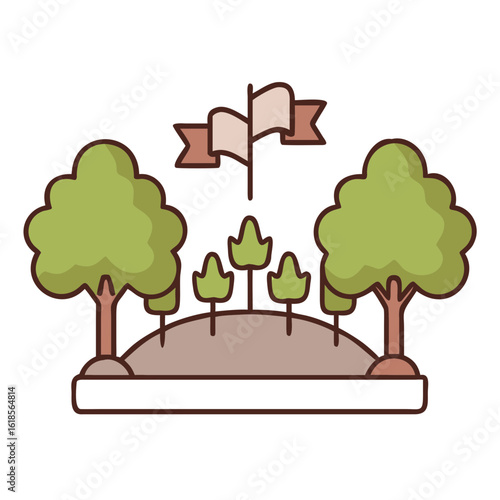 Illustration of a small hill with trees and a flag waving in the wind on a clear day outdoors