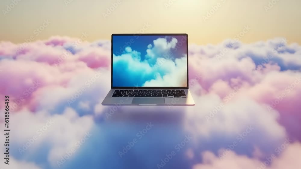 Laptop Floating Above Colorful Clouds at Sunset Laptop Floating Above Colorful Clouds at Sunset