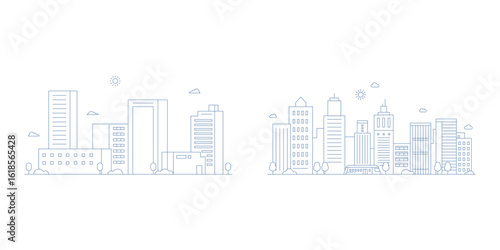 Cityscape line art illustration. Urban landscape in monochrome line art style. Vector illustration