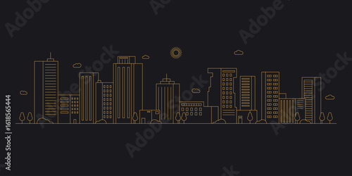 Cityscape. Modern flat line landscape vector. City landscape line art illustration with building, tower, skyscrapers. Vector illustration.