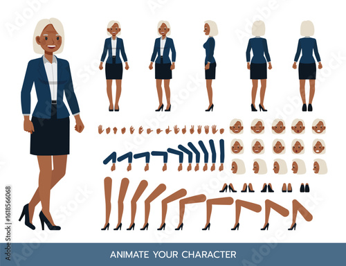Business woman white hair color wear blue suit character constructor. Flat design vector kit with poses and emotions for animation and explainer videos.