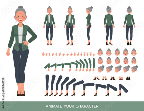 Business woman with white hair tied up wear green shirt character constructor. Flat design vector kit with poses and emotions for animation and explainer videos.