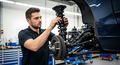Male Auto Mechanic Repairing Car Suspension in Modern Garage