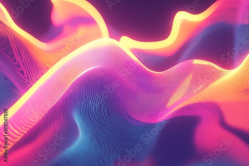 Vibrant abstract glowing waves of neon pink purple and orange light creating a mesmerizing futuristic digital art background