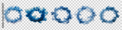 Vector set of blue cloud smoke ring frames isolated on transparent background.
