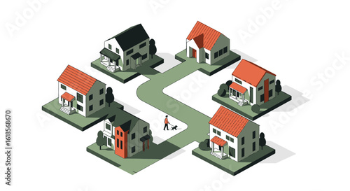 Charming Neighborhood Illustration Featuring Cozy Homes and a Person Walking Their Dog Along a Serene Pathway in a Vibrant Community Setting with Lush Greenery