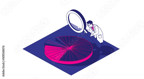 Detailed Exploration of Data Insights: A Scientist Analyzing a Colorful Pie Chart with a Magnifying Glass in a Modern Illustration Style Representing Data Analysis and Insights