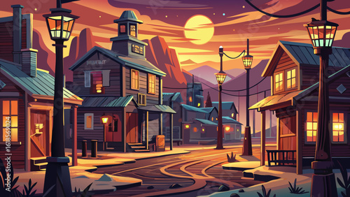 This old cowboy western town with saloons, created using generative artistry, shows lanterns glowing at dusk. Semi-realistic details reveal echoes of history, rugged charm, and quiet legends in the fa