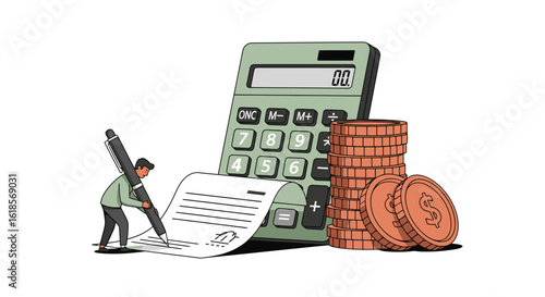 Illustration of a Person Taking Financial Notes Next to a Green Calculator and Stacks of Coins, Symbolizing Budgeting, Accounting, and Money Management in a Modern Business Context