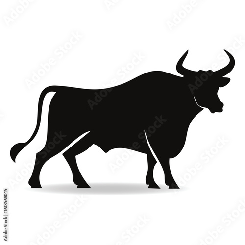 Powerful Black Silhouette of a Majestic Bull Standing Firmly on White Background