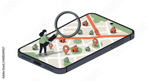 Illustration of a Person Using a Smartphone to Search for Houses on a Digital Map, Representing Real Estate Technology and Modern Urban Navigation with Interactive Features