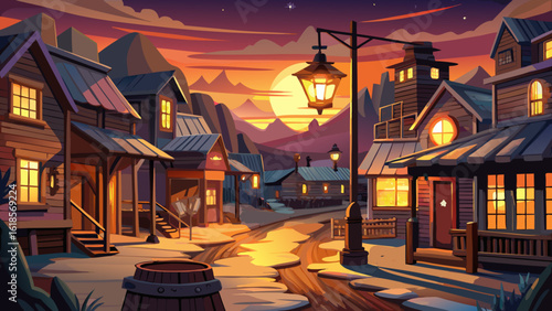 This old cowboy western town with saloons, created using generative artistry, shows lanterns glowing at dusk. Semi-realistic details reveal echoes of history, rugged charm, and quiet legends in the fa