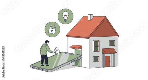 Man Interacting with Smartphone to Control Smart Home Features Including Security and Lighting, Representing the Integration of Technology and everyday Living for Modern Households