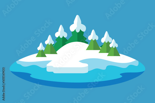  a snowy island with evergreen trees covered in snow on a cold winter day vector illustration