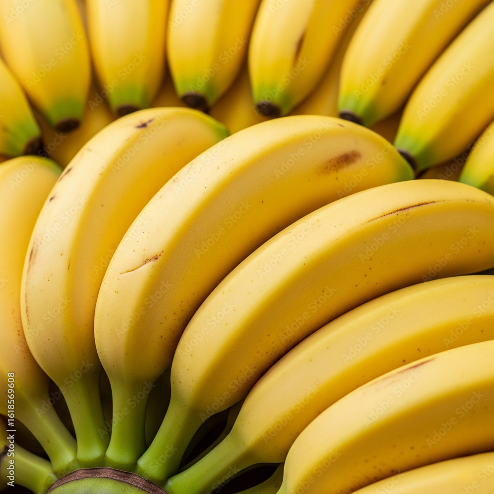 Bright yellow bananas still arranged in bunches, each fruit looks perfectly ripe with a golden yellow color Bright yellow bananas still arranged in bunches, each fruit looks perfectly ripe with a golden yellow color
