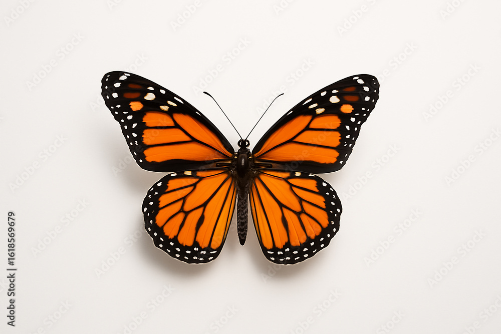 Fototapeta premium Colorful monarch butterfly with outstretched orange and black wings isolated on a white background, perfect for nature and garden themes