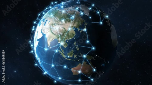 Earth illuminated nodes connect continents against a starry backdrop