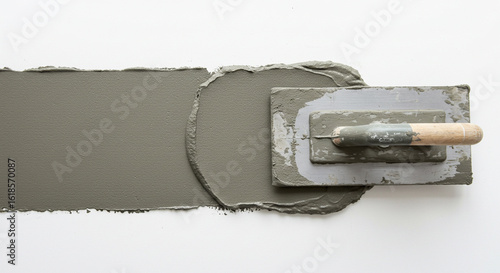 Top view of a plastering trowel applying fresh grey cement or mortar in a smooth line on a white background, concept of construction