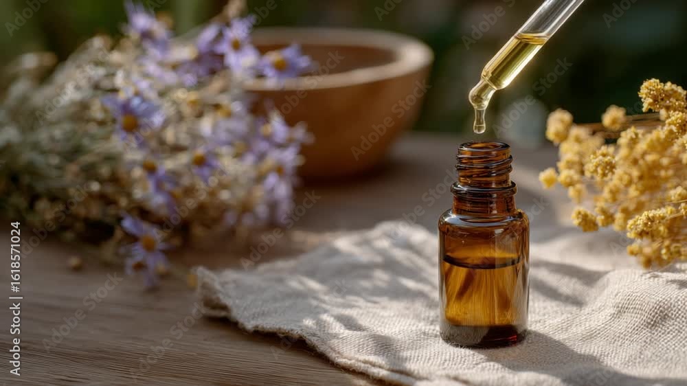 A serene scene of essential oil dripping into a skincare bottle, set against a backdrop of linen, dried flowers, and warm amber lighting. A serene scene of essential oil dripping into a skincare bottle, set against a backdrop of linen, dried flowers, and warm amber lighting.
