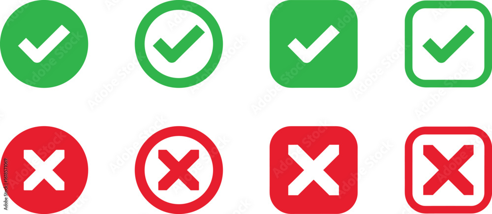 Check Mark Icon Set Vector Design. Check box icon with right and wrong buttons and yes or no checkmark icons. Check Mark Icon Set Vector Design. Check box icon with right and wrong buttons and yes or no checkmark icons.