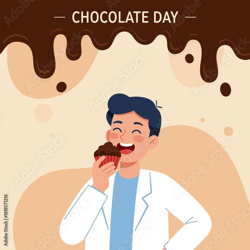 Vector illustration of a man eating cake, chocolate day
