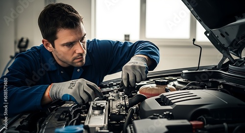 Male Mechanic Repairing Car Engine in Garage with Focused Expression