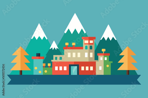  colorful cityscape with mountains and trees in a flat design style, creating a scenic view vector illustration