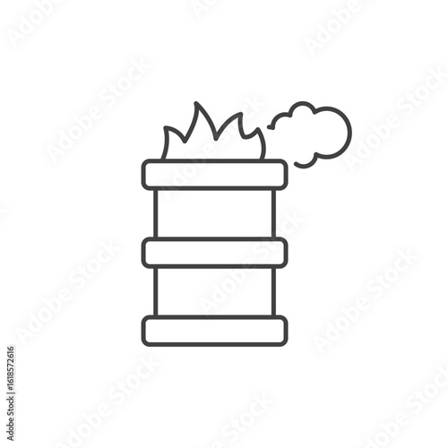 Burning barrel line icon with fire and smoke, minimalist outline, ideal for waste, incineration, or danger symbol