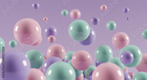 Colorful floating spheres in pastel shades on purple background  