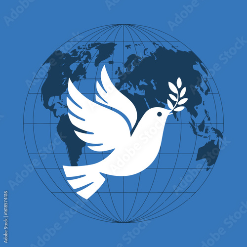 White dove carrying olive branch over world map symbolizing peace