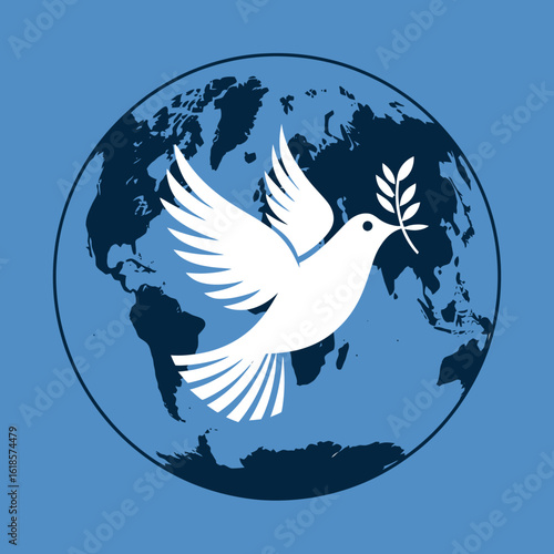 White dove carrying olive branch over earth globe
