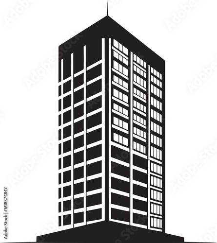 Black vector illustration of a clean, simple office building silhouette icon.