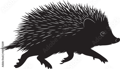 Hedgehog Running Body stretched out with legs moving quickly, tail trailing behind in a quick motion. full length silhouette black vector illustration