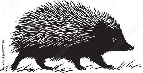 Hedgehog Walking Body low to the ground with short legs moving slowly, back slightly arched. full length silhouette black vector illustration