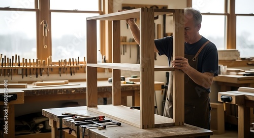 Male Woodworker Assembling Wooden Shelf in Workshop with Natural Light