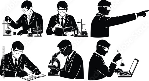 Silhouette illustration of a scientist in various poses, conducting research and experiments in a laboratory setting, representing scientific exploration