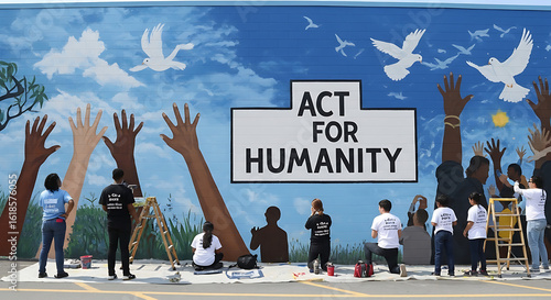 Diverse group of young volunteers painting a large public mural with the message 'Act for Humanity', promoting peace and unity.