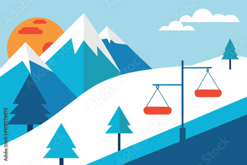  a scenic mountain landscape with a ski lift and a bright sun in the sky, vector illustration