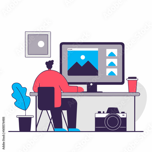 Photographer editing images on desktop computer
