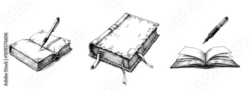 Black and white sketch of books and pen in vintage style for Halloween  
