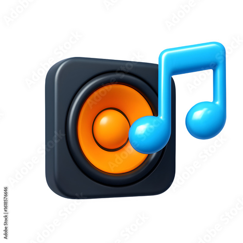 3D Cartoon Plastic Speaker Icon with Musical Note, Fun and Realistic Design