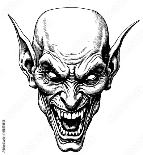 Demon face in black and white sketch with black capillary pen on white background for Halloween  